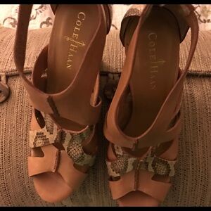 Cole Haan Tan Leather Wedge Sandals with Snake-Print Accent